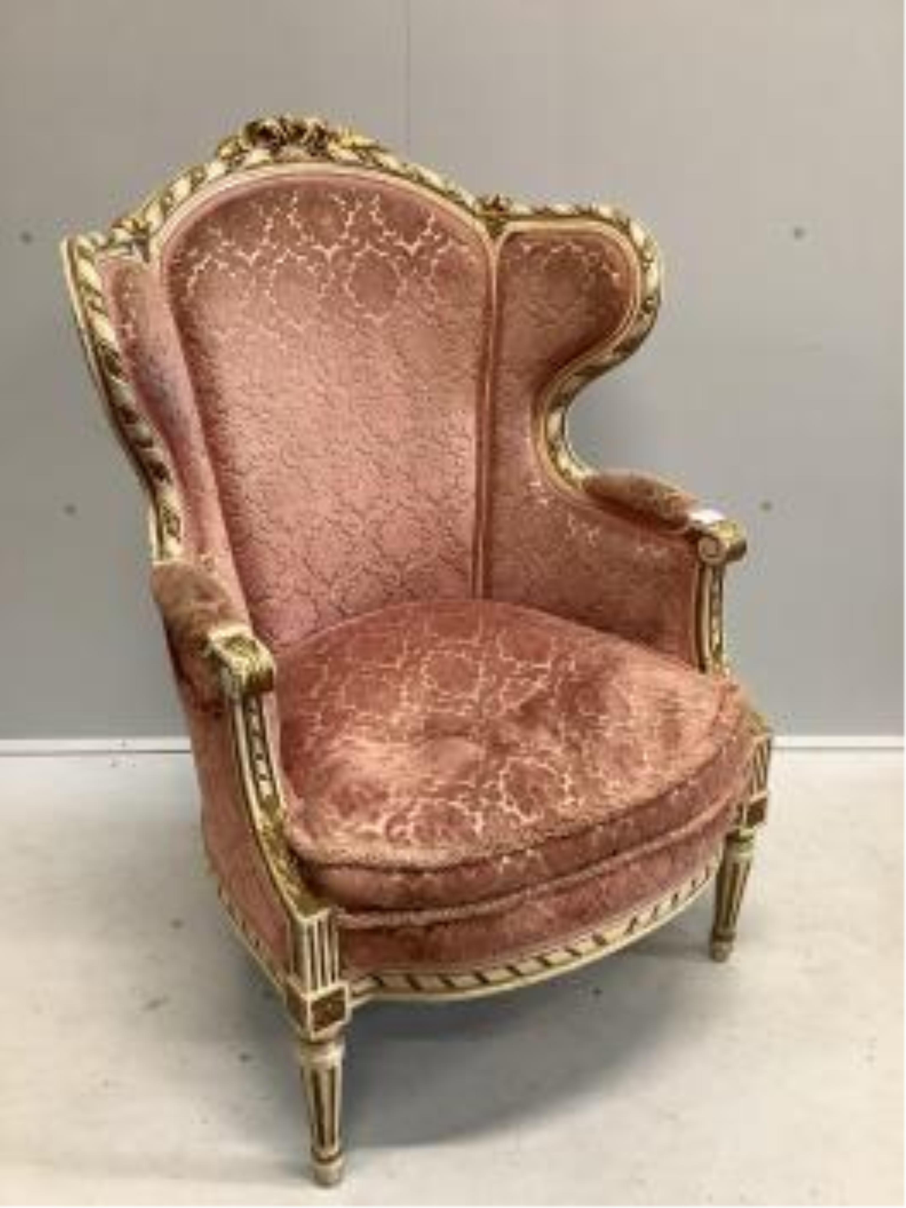 A Louis XVI style cream painted and gilt armchair and a gilt framed wall mirror, width 85cm, height 72cm. Condition - both poor